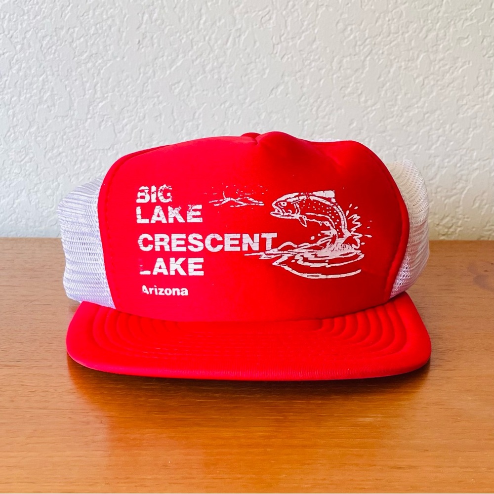 Vintage Big Lake Crescent Lake Red Trucker Hat